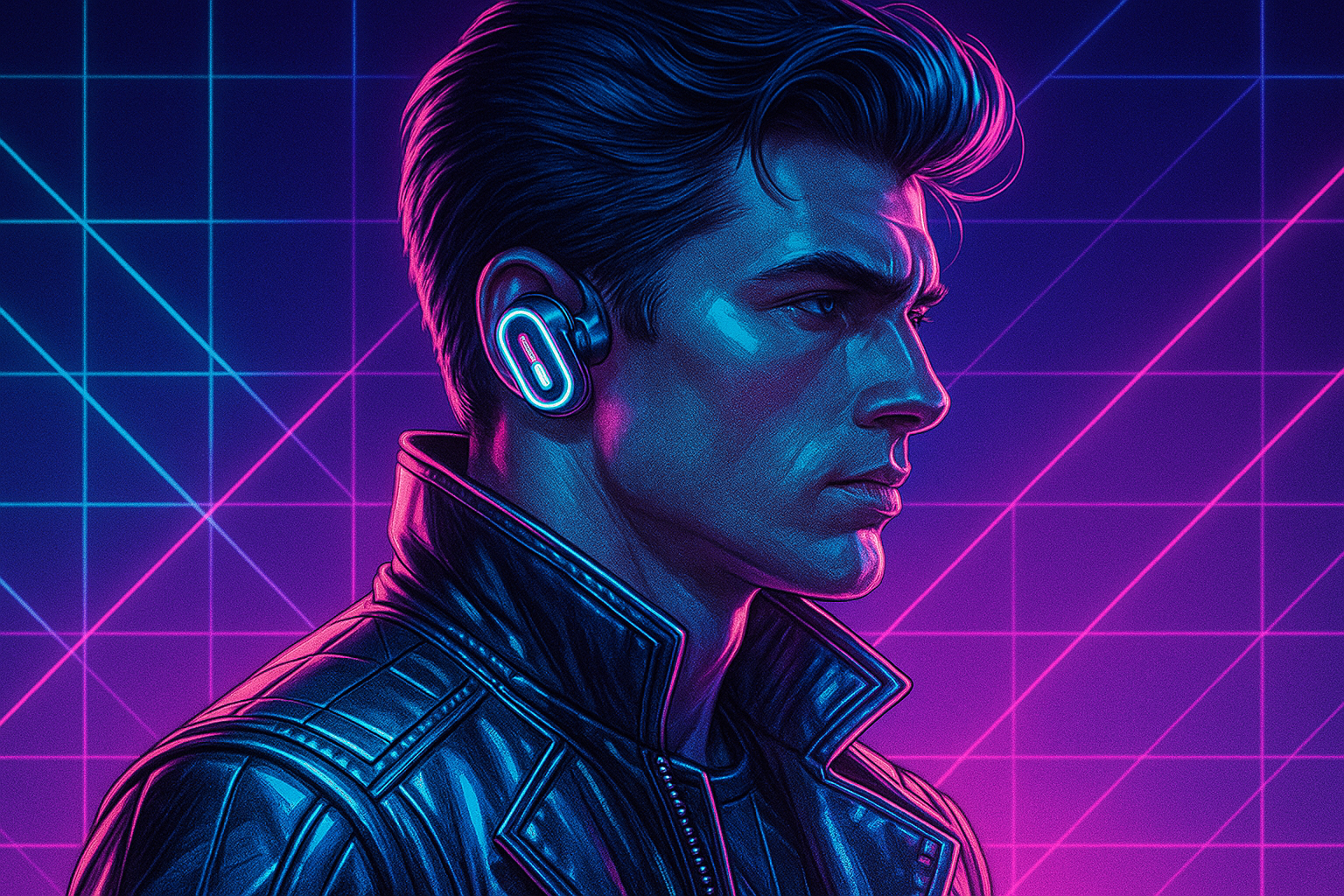 retro futuristic male wearing electronic earbuds